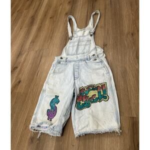 Vintage Denim Short Overalls Graffiti Hand Painted 90s Y2K Hip Hop Size XS -